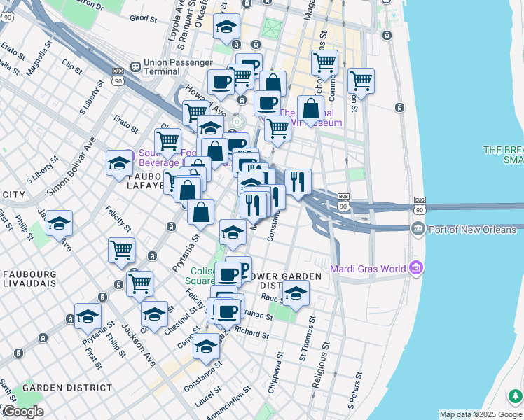 map of restaurants, bars, coffee shops, grocery stores, and more near 1019 Thalia Street in New Orleans