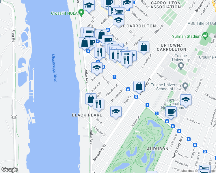 map of restaurants, bars, coffee shops, grocery stores, and more near 421 Hillary Street in New Orleans
