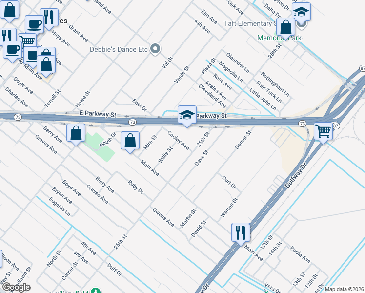 map of restaurants, bars, coffee shops, grocery stores, and more near 2701 Cooley Avenue in Groves