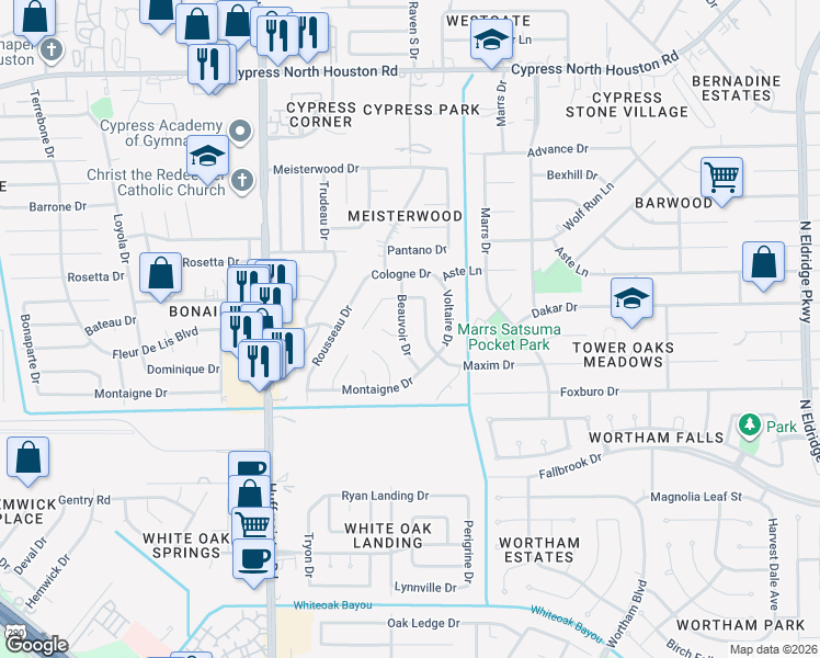 map of restaurants, bars, coffee shops, grocery stores, and more near 11302 Beauvoir Drive in Houston