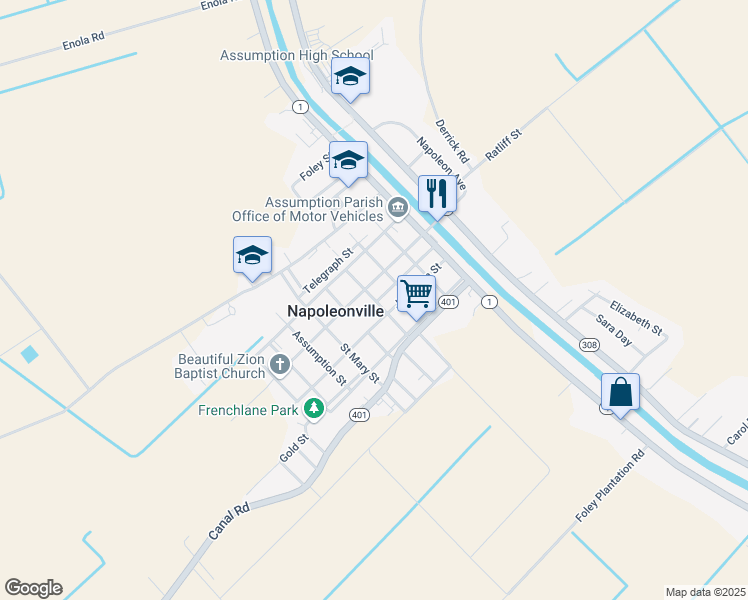 map of restaurants, bars, coffee shops, grocery stores, and more near 417 Saint Joseph Street in Napoleonville