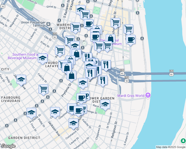 map of restaurants, bars, coffee shops, grocery stores, and more near 1019 Thalia Street in New Orleans