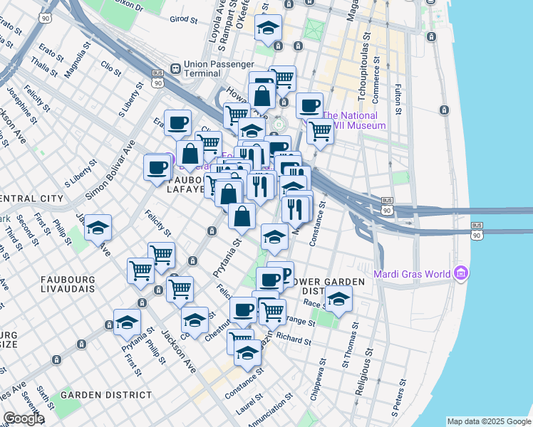 map of restaurants, bars, coffee shops, grocery stores, and more near 2874 Prytania Street in New Orleans