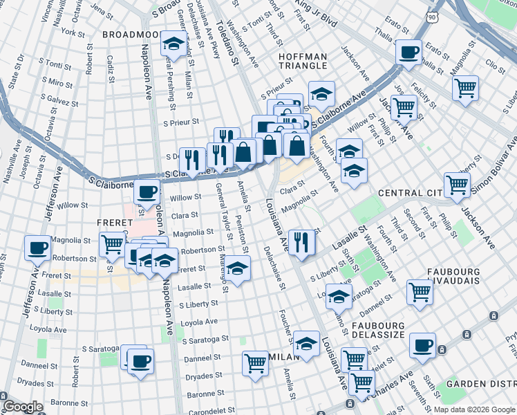 map of restaurants, bars, coffee shops, grocery stores, and more near 2727 Amelia Street in New Orleans