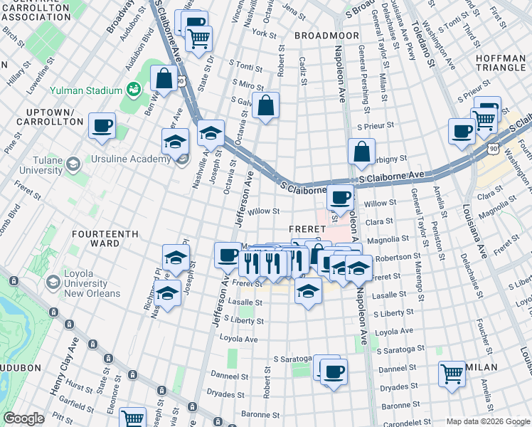 map of restaurants, bars, coffee shops, grocery stores, and more near 2627 Robert Street in New Orleans