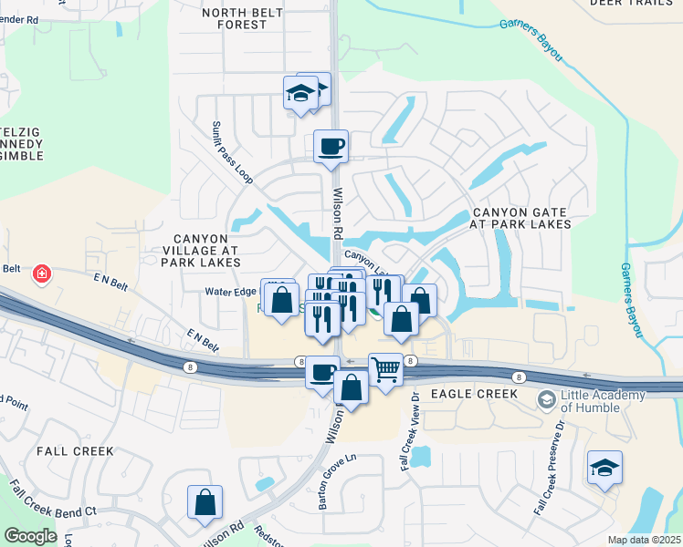 map of restaurants, bars, coffee shops, grocery stores, and more near 4839 Storm Cove View in Humble