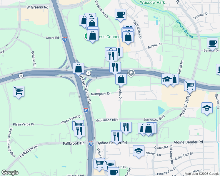 map of restaurants, bars, coffee shops, grocery stores, and more near in Houston