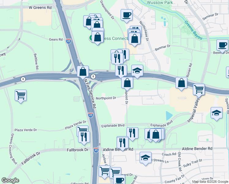 map of restaurants, bars, coffee shops, grocery stores, and more near in Houston