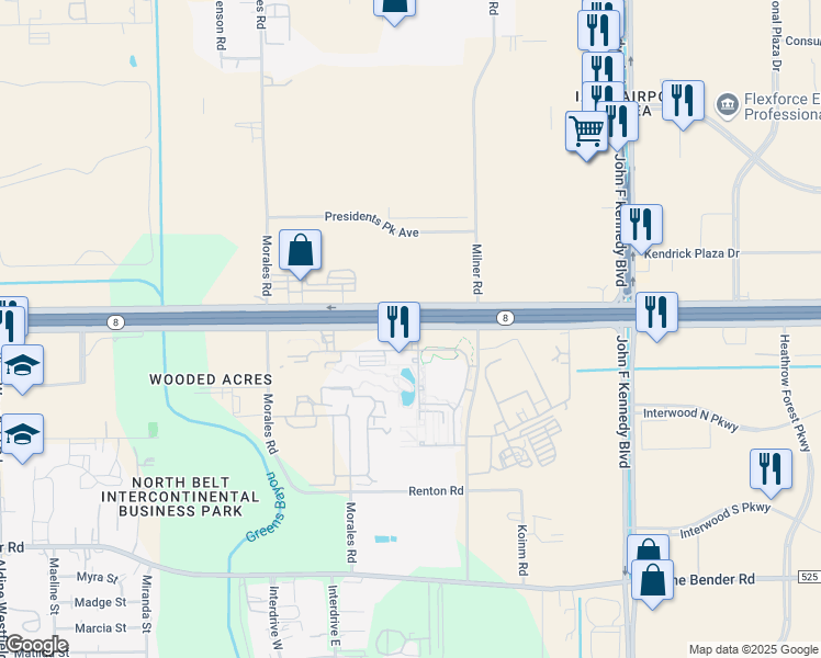 map of restaurants, bars, coffee shops, grocery stores, and more near 3000 North Sam Houston Parkway East in Houston