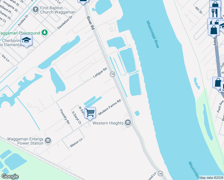 map of restaurants, bars, coffee shops, grocery stores, and more near 7813 River Road in Westwego