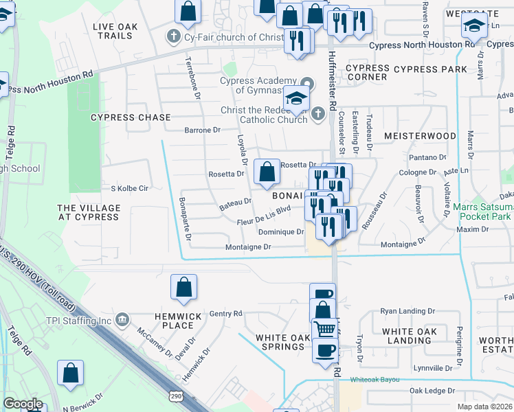 map of restaurants, bars, coffee shops, grocery stores, and more near 11311 Loyola Drive in Cypress