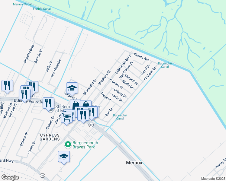 map of restaurants, bars, coffee shops, grocery stores, and more near 4412 Colony Drive in Meraux