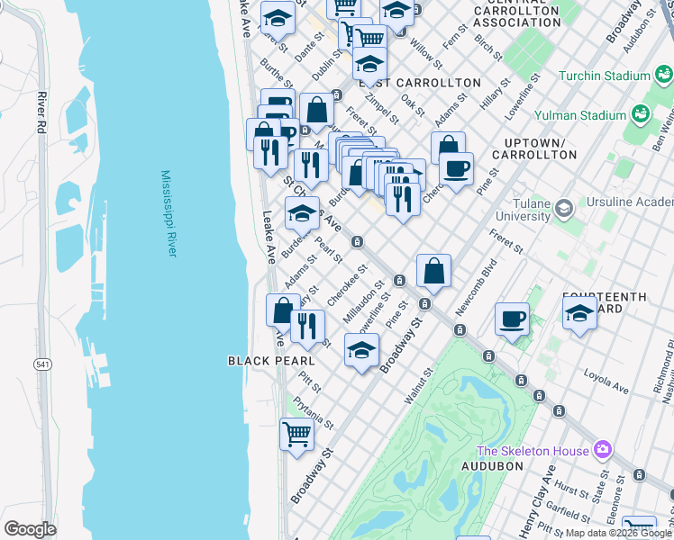 map of restaurants, bars, coffee shops, grocery stores, and more near 427 Hillary Street in New Orleans