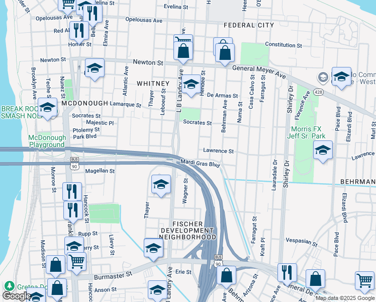 map of restaurants, bars, coffee shops, grocery stores, and more near 1700 Mardi Gras Boulevard in New Orleans