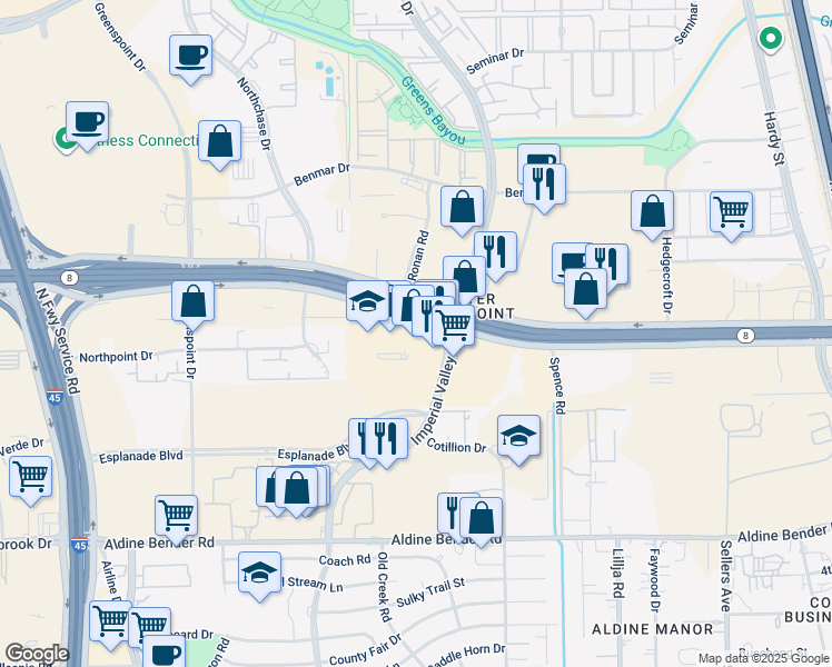 map of restaurants, bars, coffee shops, grocery stores, and more near 350 Texas 8 Beltway Frontage Road in Houston