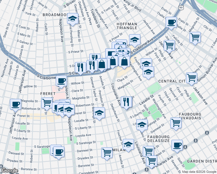 map of restaurants, bars, coffee shops, grocery stores, and more near 2727 Amelia Street in New Orleans