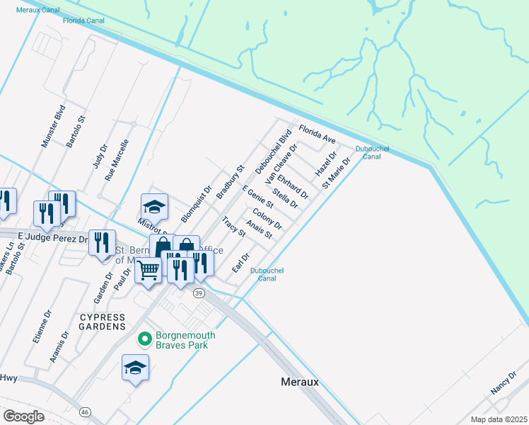 map of restaurants, bars, coffee shops, grocery stores, and more near 4412 Colony Drive in Meraux