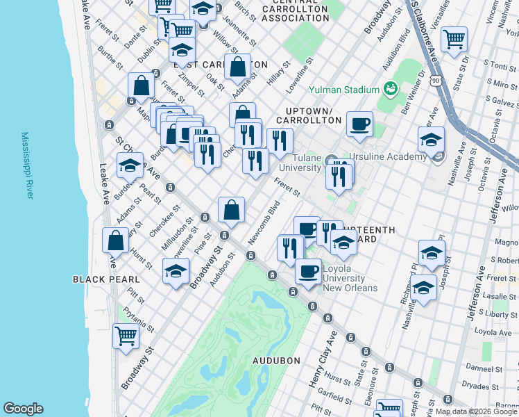 map of restaurants, bars, coffee shops, grocery stores, and more near 18 Newcomb Boulevard in New Orleans