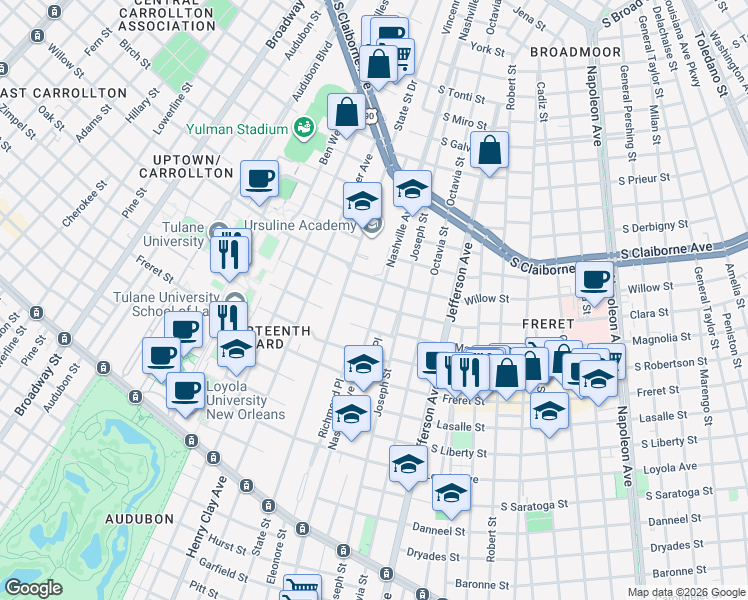 map of restaurants, bars, coffee shops, grocery stores, and more near 2438 Nashville Avenue in New Orleans