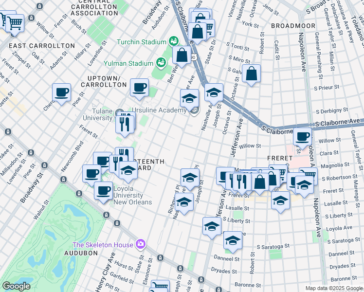 map of restaurants, bars, coffee shops, grocery stores, and more near 2304 State Street in New Orleans