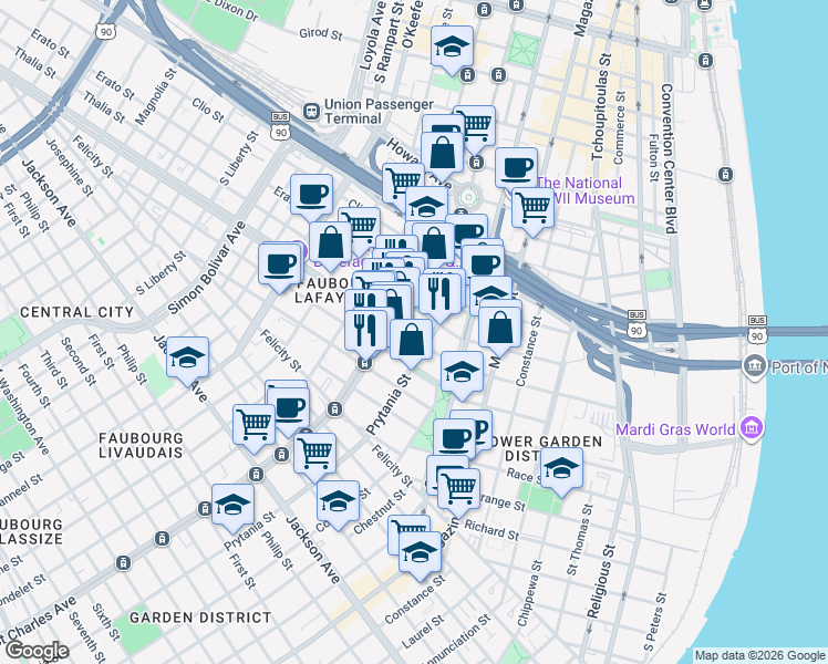 map of restaurants, bars, coffee shops, grocery stores, and more near in New Orleans