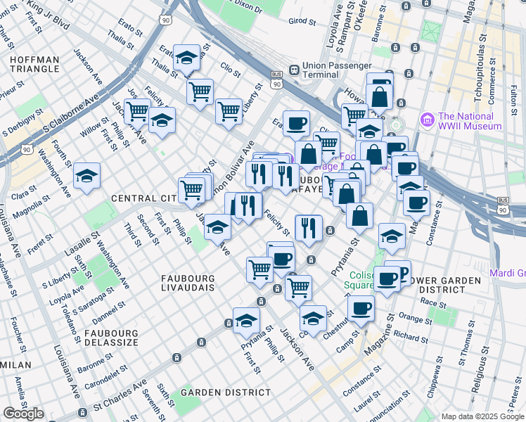 map of restaurants, bars, coffee shops, grocery stores, and more near 1820 Oretha Castle Haley Boulevard in New Orleans
