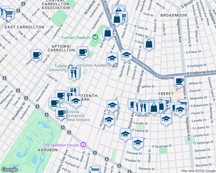map of restaurants, bars, coffee shops, grocery stores, and more near 2304 State Street in New Orleans