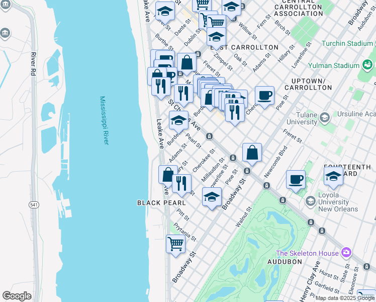 map of restaurants, bars, coffee shops, grocery stores, and more near 336 Hillary Street in New Orleans