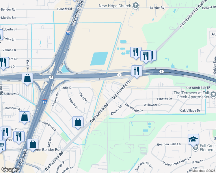 map of restaurants, bars, coffee shops, grocery stores, and more near 6910 North Sam Houston Parkway East in Humble