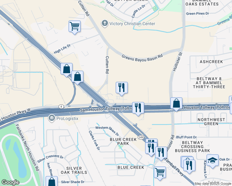 map of restaurants, bars, coffee shops, grocery stores, and more near 15820 Texas 249 in Houston