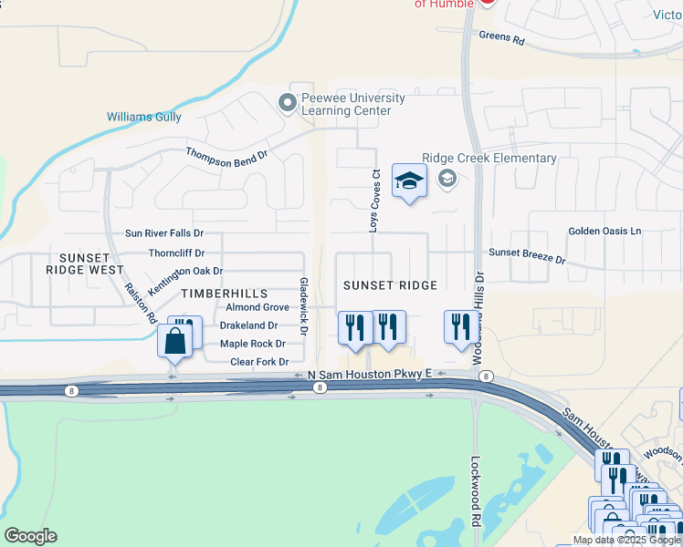 map of restaurants, bars, coffee shops, grocery stores, and more near 15002 Sunset Creek Drive in Humble