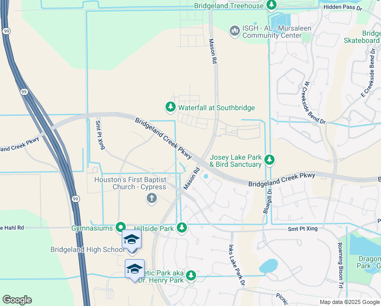 map of restaurants, bars, coffee shops, grocery stores, and more near Bridgeland Creek Parkway in Cypress