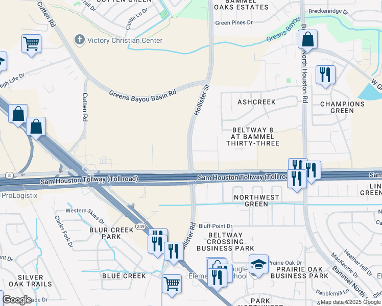 map of restaurants, bars, coffee shops, grocery stores, and more near 14400 Hollister Road in Houston