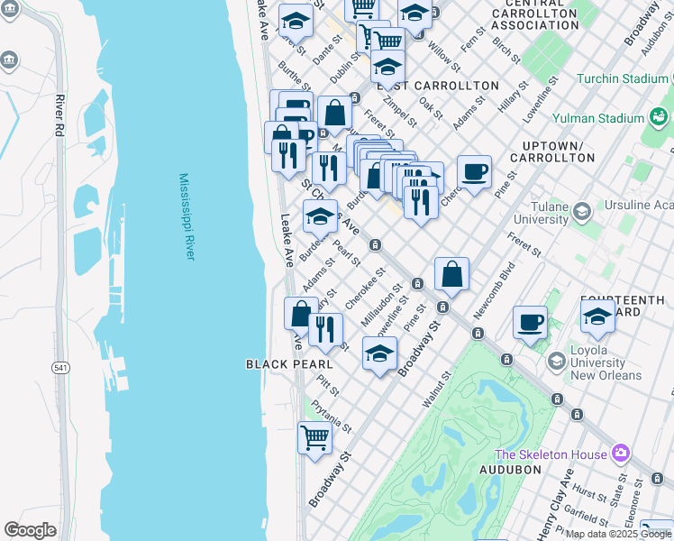 map of restaurants, bars, coffee shops, grocery stores, and more near 336 Hillary Street in New Orleans