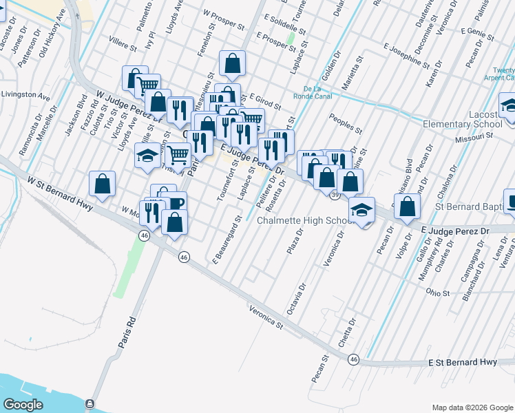 map of restaurants, bars, coffee shops, grocery stores, and more near 2135 Rosemary Place in Chalmette