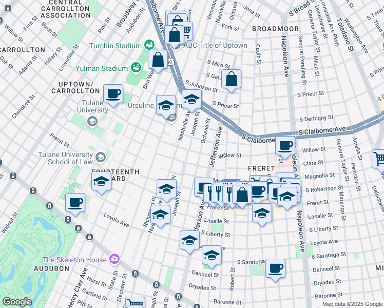 map of restaurants, bars, coffee shops, grocery stores, and more near 2509 Joseph Street in New Orleans