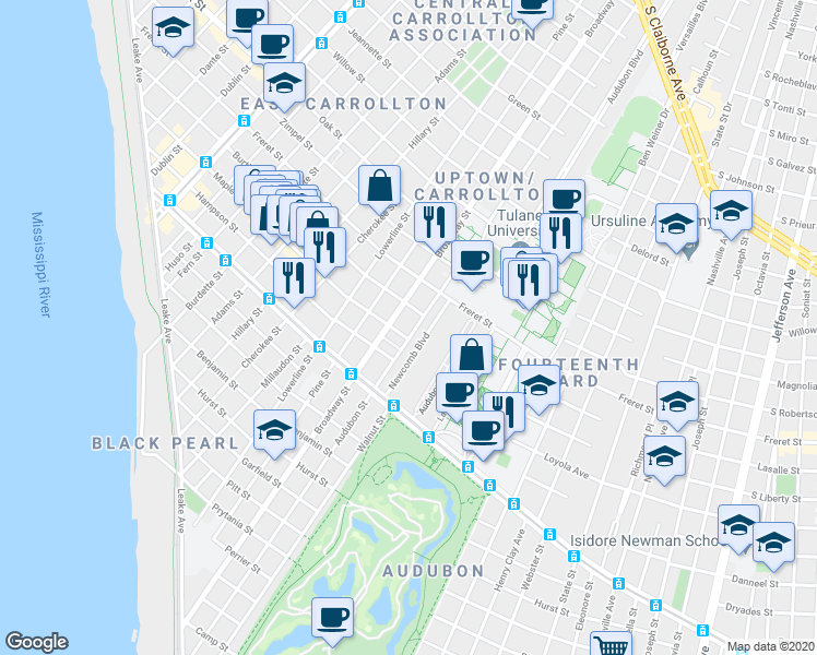 map of restaurants, bars, coffee shops, grocery stores, and more near 18 Newcomb Boulevard in New Orleans
