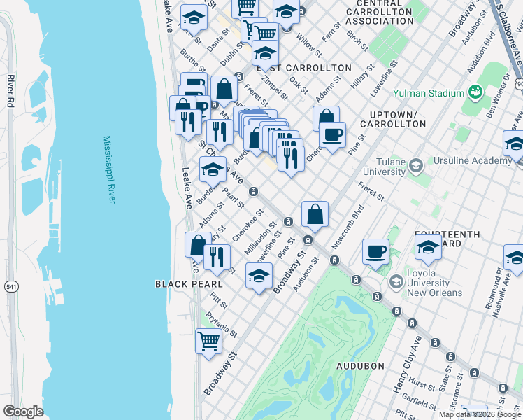 map of restaurants, bars, coffee shops, grocery stores, and more near 7512 Pearl Street in New Orleans