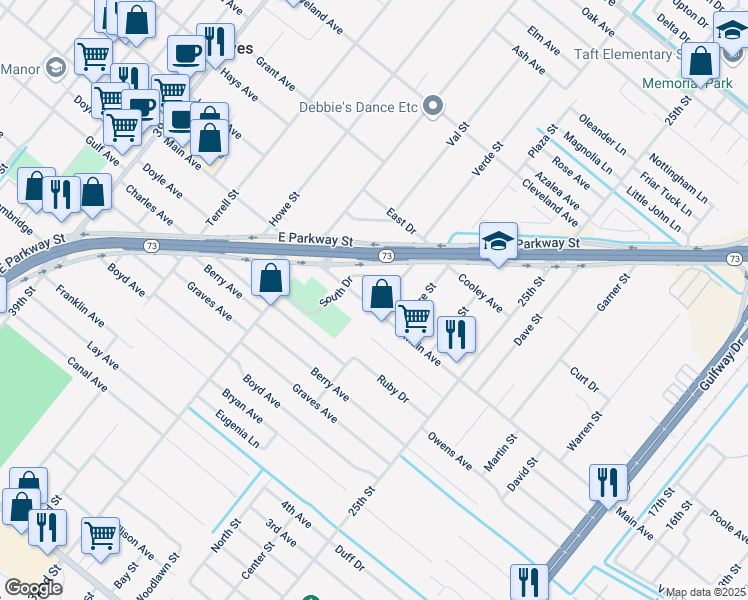 map of restaurants, bars, coffee shops, grocery stores, and more near 3048 Main Avenue in Groves
