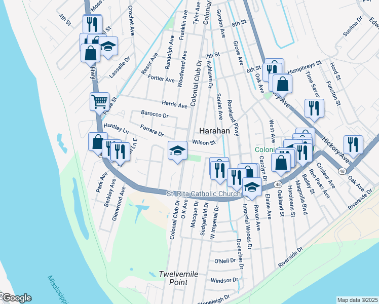 map of restaurants, bars, coffee shops, grocery stores, and more near 318 Colonial Club Drive in Harahan