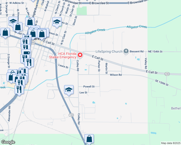 map of restaurants, bars, coffee shops, grocery stores, and more near 1022 Wilson Road in Starke
