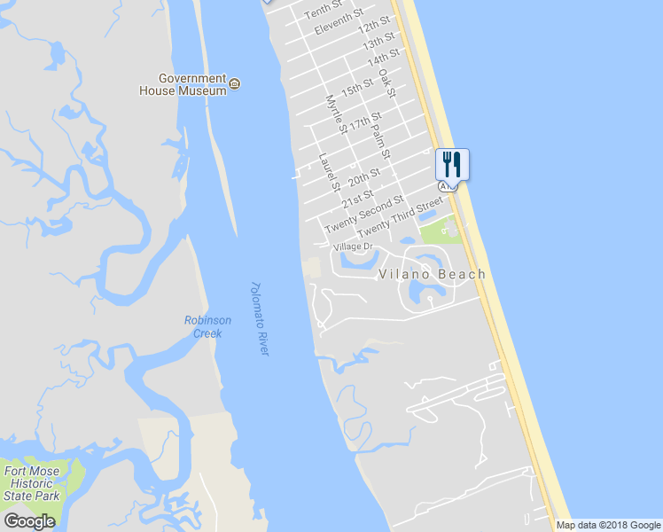 map of restaurants, bars, coffee shops, grocery stores, and more near 332 Village Drive in Saint Augustine