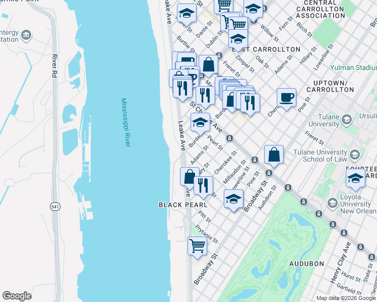 map of restaurants, bars, coffee shops, grocery stores, and more near 7710 Benjamin Street in New Orleans