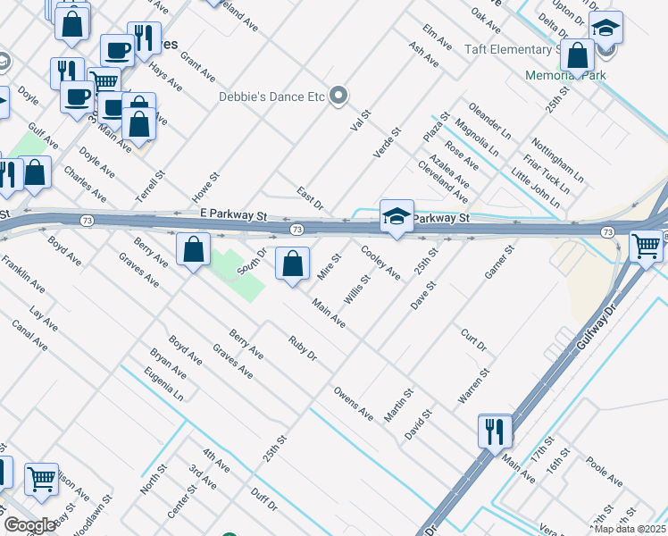 map of restaurants, bars, coffee shops, grocery stores, and more near 6132 Mire Street in Groves