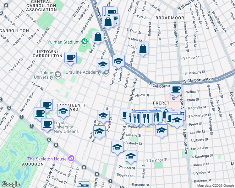 map of restaurants, bars, coffee shops, grocery stores, and more near 5534 Willow Street in New Orleans