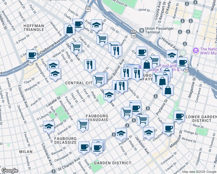 map of restaurants, bars, coffee shops, grocery stores, and more near 2035 Jackson Avenue in New Orleans