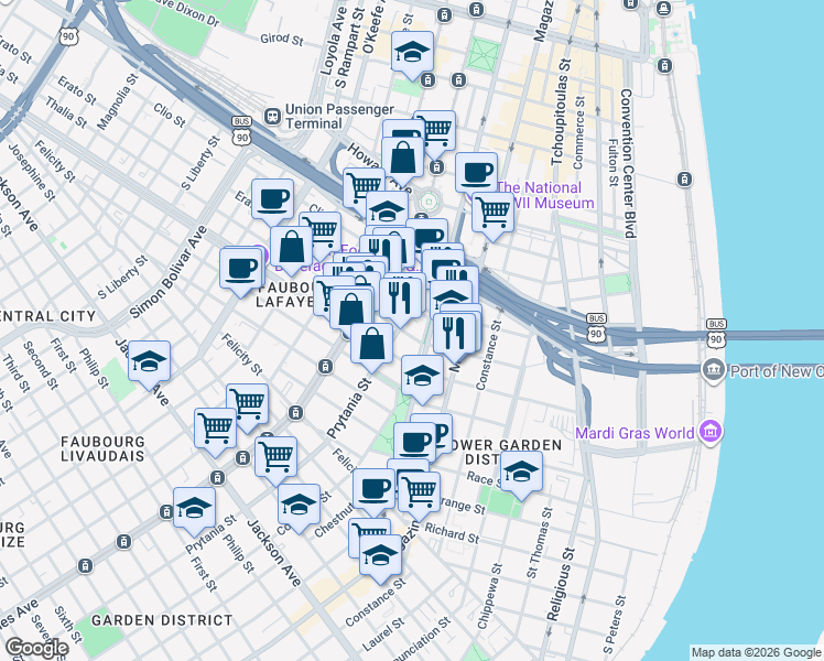 map of restaurants, bars, coffee shops, grocery stores, and more near 2874 Prytania Street in New Orleans