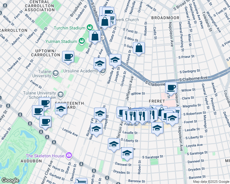 map of restaurants, bars, coffee shops, grocery stores, and more near 2509 Joseph Street in New Orleans