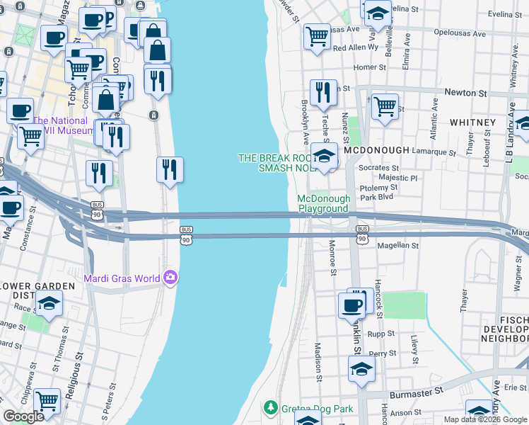 map of restaurants, bars, coffee shops, grocery stores, and more near Crescent City Connection in New Orleans
