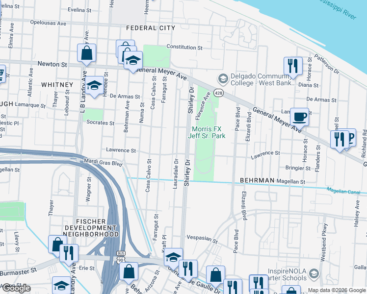map of restaurants, bars, coffee shops, grocery stores, and more near 1452 Shirley Drive in New Orleans